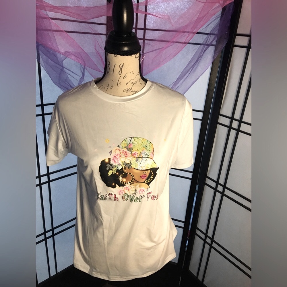NEW 2X WOMEN “FAITH OVER FEAR” WHITE SHORT SLEEVE T-SHIRT
